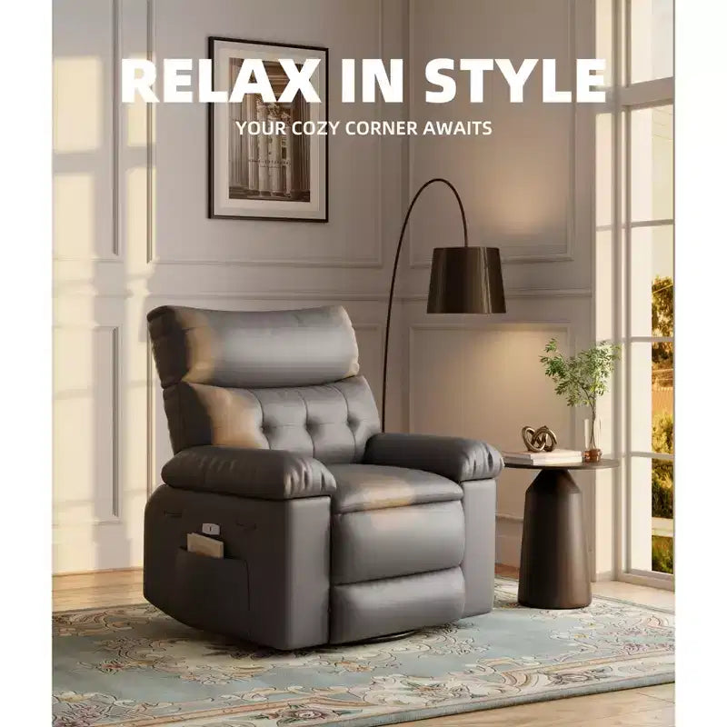Fauteuil inclinable manuel en cuir PU, fauteuil à bascule pivotant à 306 degrés avec poches latérales, fauteuil inclinable moderne pour une personne, beige