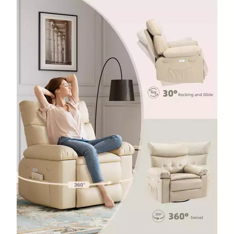 Fauteuil inclinable manuel en cuir PU, fauteuil à bascule pivotant à 306 degrés avec poches latérales, fauteuil inclinable moderne pour une personne, beige