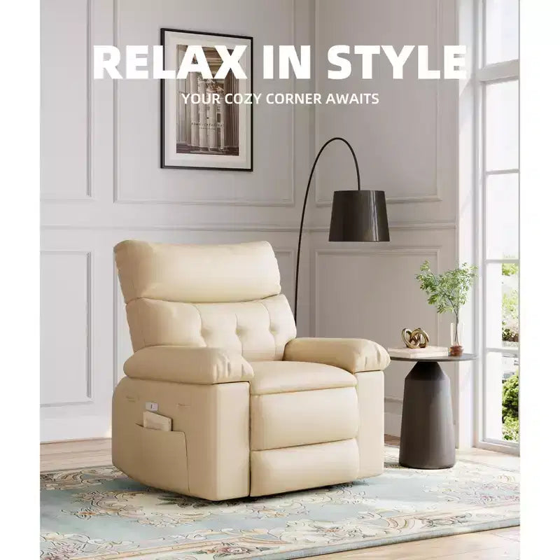 Fauteuil inclinable manuel en cuir PU, fauteuil à bascule pivotant à 306 degrés avec poches latérales, fauteuil inclinable moderne pour une personne, beige