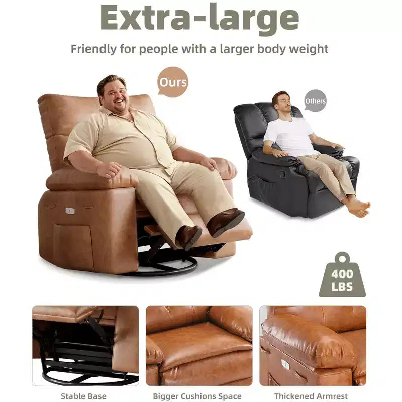 Fauteuil inclinable manuel en cuir PU, fauteuil à bascule pivotant à 306 degrés avec poches latérales, fauteuil inclinable moderne pour une personne, beige