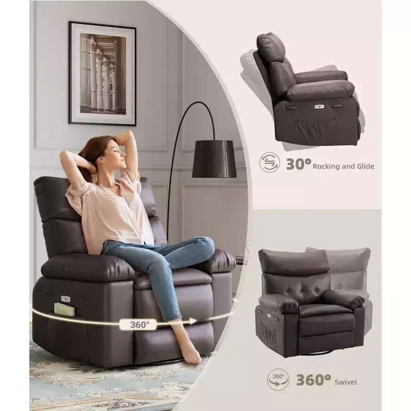 Fauteuil inclinable manuel en cuir PU, fauteuil à bascule pivotant à 306 degrés avec poches latérales, fauteuil inclinable moderne pour une personne, beige