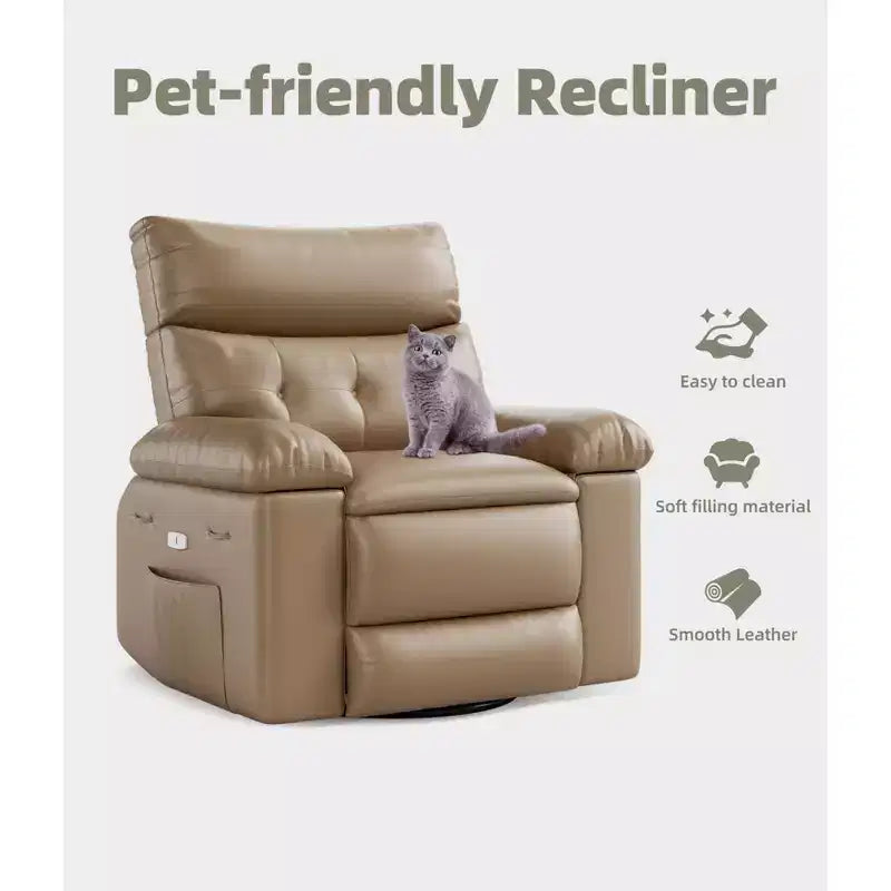 Fauteuil inclinable manuel en cuir PU, fauteuil à bascule pivotant à 306 degrés avec poches latérales, fauteuil inclinable moderne pour une personne, beige
