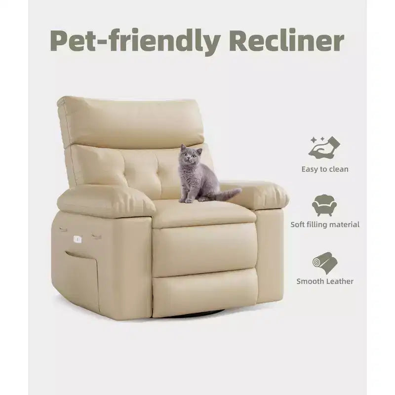 Fauteuil inclinable manuel en cuir PU, fauteuil à bascule pivotant à 306 degrés avec poches latérales, fauteuil inclinable moderne pour une personne, beige