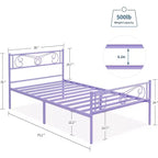 Cadre de lit double en métal violet avec tête de lit, pied de lit, rangement de 31 cm, lattes en acier, sans sommier tapissier