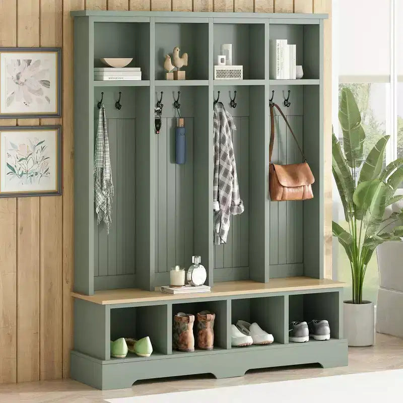 Porte-manteau mural Whisen avec 8 crochets, banc d'entrée avec compartiments ouverts, portemanteau et étagère à chaussures 3-en-1 en bois