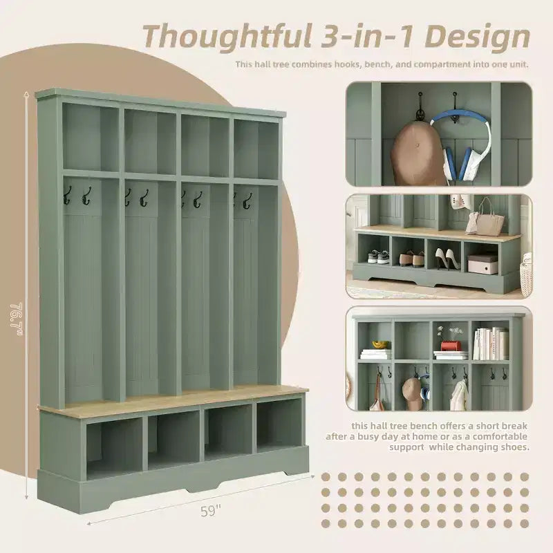 Porte-manteau mural Whisen avec 8 crochets, banc d'entrée avec compartiments ouverts, portemanteau et étagère à chaussures 3-en-1 en bois
