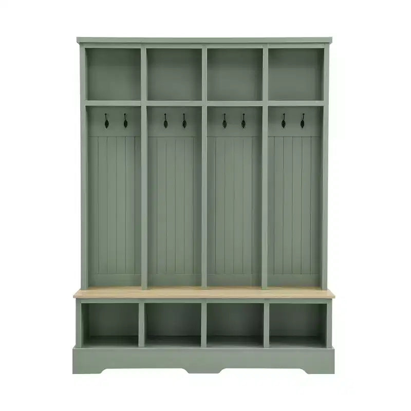 Porte-manteau mural Whisen avec 8 crochets, banc d'entrée avec compartiments ouverts, portemanteau et étagère à chaussures 3-en-1 en bois