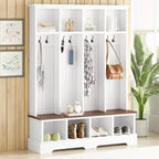 Porte-manteau mural Whisen avec 8 crochets, banc d'entrée avec compartiments ouverts, portemanteau et étagère à chaussures 3-en-1 en bois