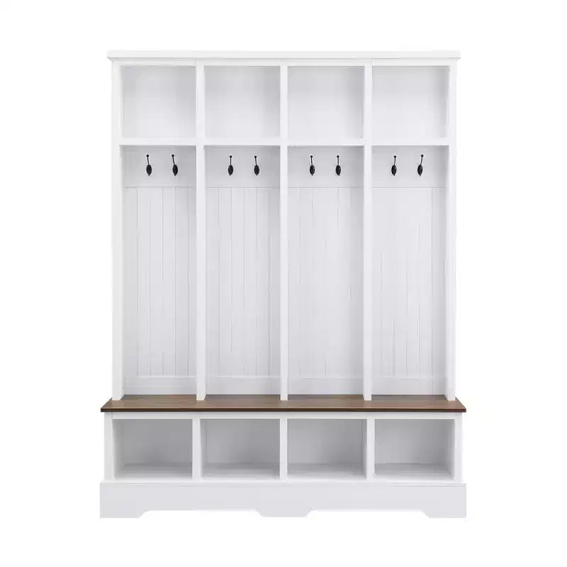 Porte-manteau mural Whisen avec 8 crochets, banc d'entrée avec compartiments ouverts, portemanteau et étagère à chaussures 3-en-1 en bois