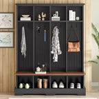 Whisen Farmhouse Hall Tree with 8 Hooks, Entryway Bench with Open Compartments, 3-in-1 Wooden Coat and Shoe Rack