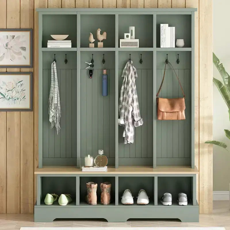 Porte-manteau mural Whisen avec 8 crochets, banc d'entrée avec compartiments ouverts, portemanteau et étagère à chaussures 3-en-1 en bois