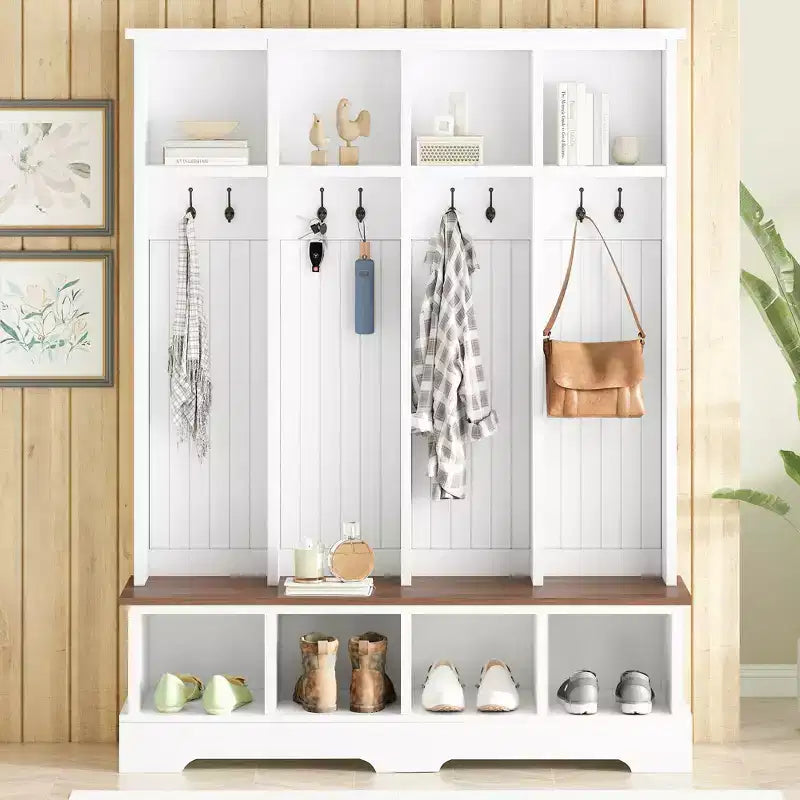 Porte-manteau mural Whisen avec 8 crochets, banc d'entrée avec compartiments ouverts, portemanteau et étagère à chaussures 3-en-1 en bois