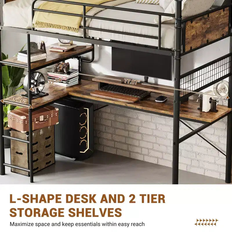 Lit mezzanine en métal double avec bureau et étagères pour adolescents et adultes, cadre de lit mezzanine avec échelles intégrées, peu encombrant, barrière de sécurité et échelle, silencieux