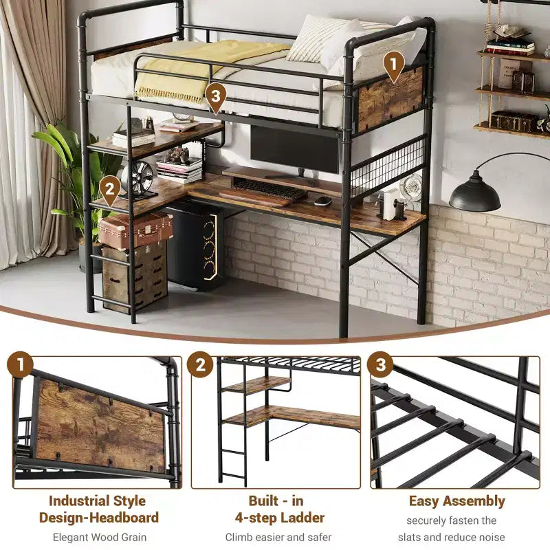 Lit mezzanine en métal double avec bureau et étagères pour adolescents et adultes, cadre de lit mezzanine avec échelles intégrées, peu encombrant, barrière de sécurité et échelle, silencieux
