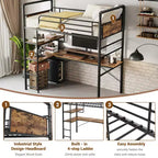 Lit mezzanine en métal double avec bureau et étagères pour adolescents et adultes, cadre de lit mezzanine avec échelles intégrées, peu encombrant, barrière de sécurité et échelle, silencieux