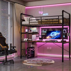 Lit mezzanine en métal double avec bureau et étagères pour adolescents et adultes, cadre de lit mezzanine avec échelles intégrées, peu encombrant, barrière de sécurité et échelle, silencieux