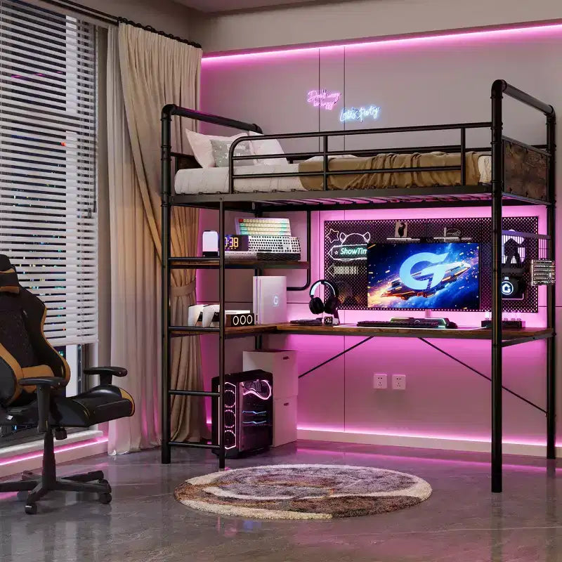 Lit mezzanine en métal double avec bureau et étagères pour adolescents et adultes, cadre de lit mezzanine avec échelles intégrées, peu encombrant, barrière de sécurité et échelle, silencieux