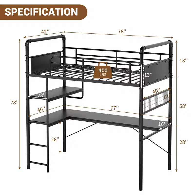 Lit mezzanine en métal double avec bureau et étagères pour adolescents et adultes, cadre de lit mezzanine avec échelles intégrées, peu encombrant, barrière de sécurité et échelle, silencieux