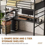 Lit mezzanine en métal double avec bureau et étagères pour adolescents et adultes, cadre de lit mezzanine avec échelles intégrées, peu encombrant, barrière de sécurité et échelle, silencieux