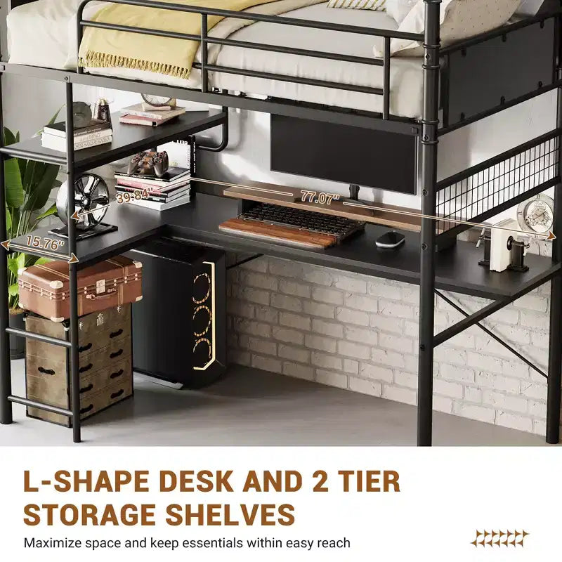 Lit mezzanine en métal double avec bureau et étagères pour adolescents et adultes, cadre de lit mezzanine avec échelles intégrées, peu encombrant, barrière de sécurité et échelle, silencieux