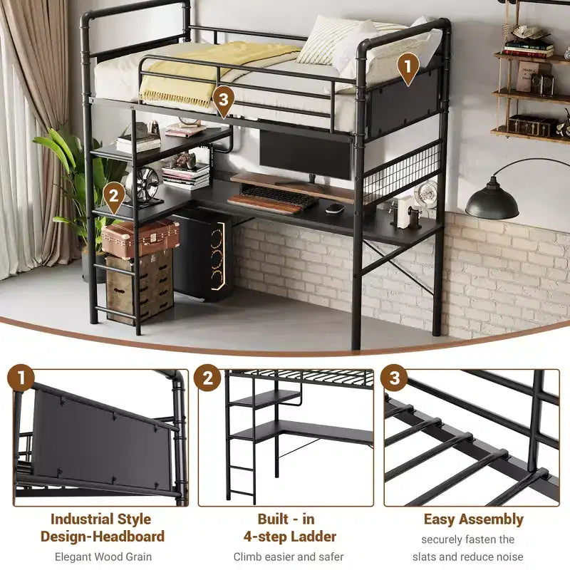 Lit mezzanine en métal double avec bureau et étagères pour adolescents et adultes, cadre de lit mezzanine avec échelles intégrées, peu encombrant, barrière de sécurité et échelle, silencieux