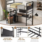 Lit mezzanine en métal double avec bureau et étagères pour adolescents et adultes, cadre de lit mezzanine avec échelles intégrées, peu encombrant, barrière de sécurité et échelle, silencieux