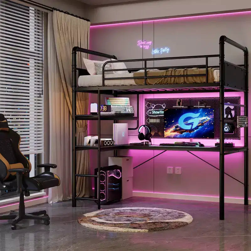 Lit mezzanine en métal double avec bureau et étagères pour adolescents et adultes, cadre de lit mezzanine avec échelles intégrées, peu encombrant, barrière de sécurité et échelle, silencieux