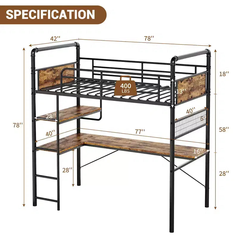 Lit mezzanine en métal double avec bureau et étagères pour adolescents et adultes, cadre de lit mezzanine avec échelles intégrées, peu encombrant, barrière de sécurité et échelle, silencieux