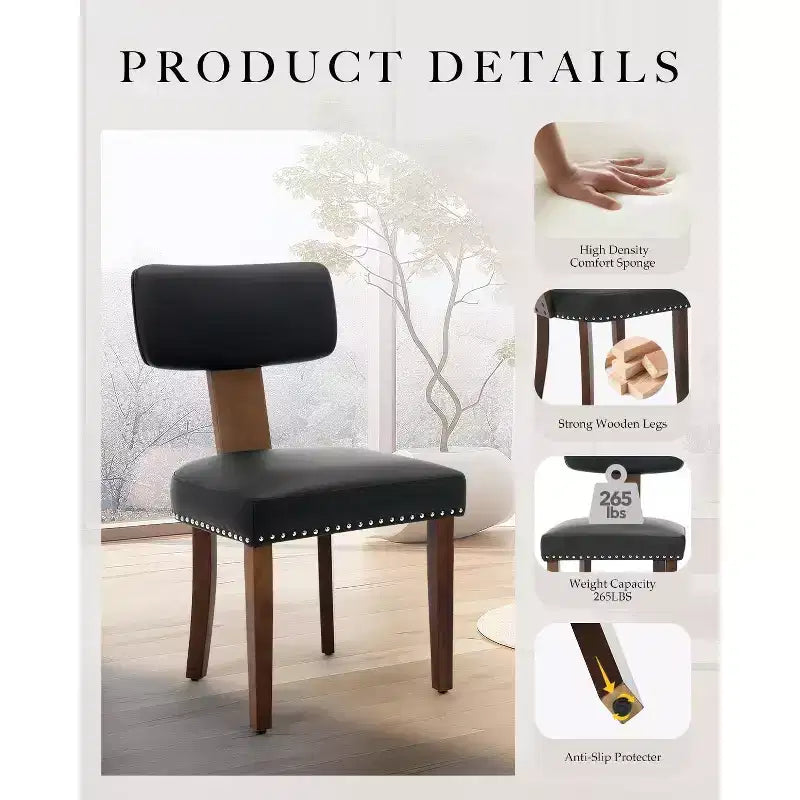 Lot de 2 chaises de salle à manger avec cadre en bois massif et revêtement en cuir, capacité de poids de 120 kg, facile à nettoyer pour la salle à manger