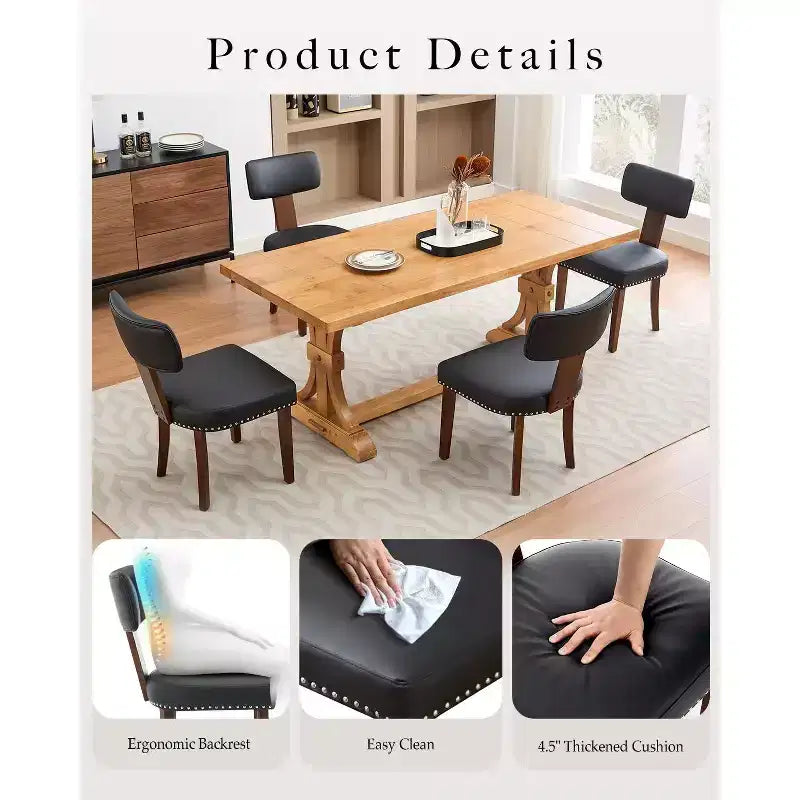 Lot de 2 chaises de salle à manger avec cadre en bois massif et revêtement en cuir, capacité de poids de 120 kg, facile à nettoyer pour la salle à manger
