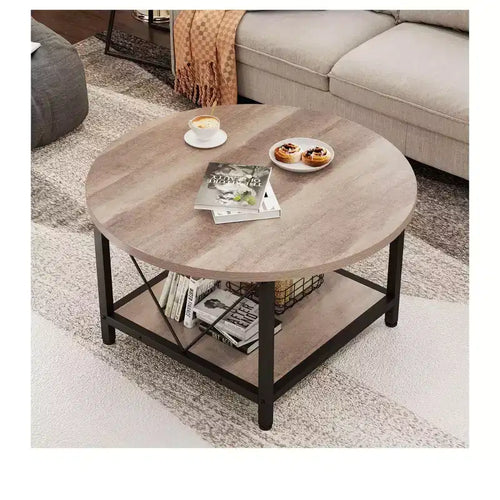 Table basse ronde moderne à 2 niveaux avec étagère de rangement ouverte en bois pour salon, bureau à domicile