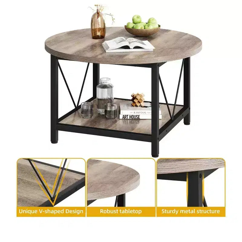 Table basse ronde moderne à 2 niveaux avec étagère de rangement ouverte en bois pour salon, bureau à domicile