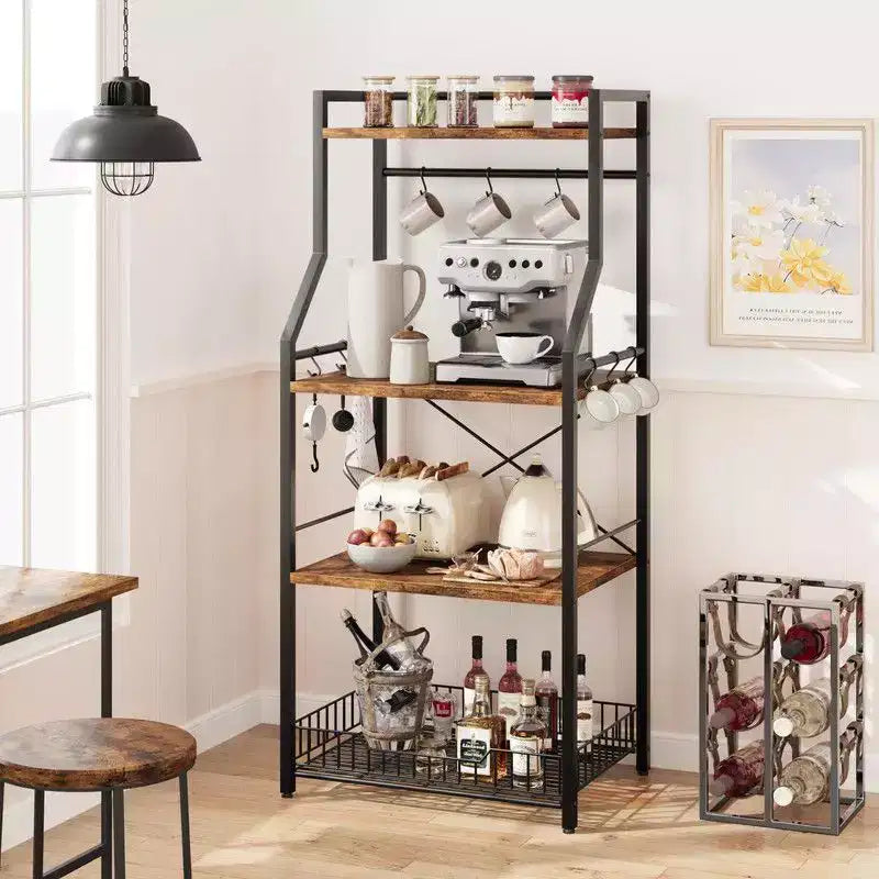 Étagère de boulanger autoportante, Support micro-ondes avec grand panier grillagé, Station de bar à café industrielle avec crochets