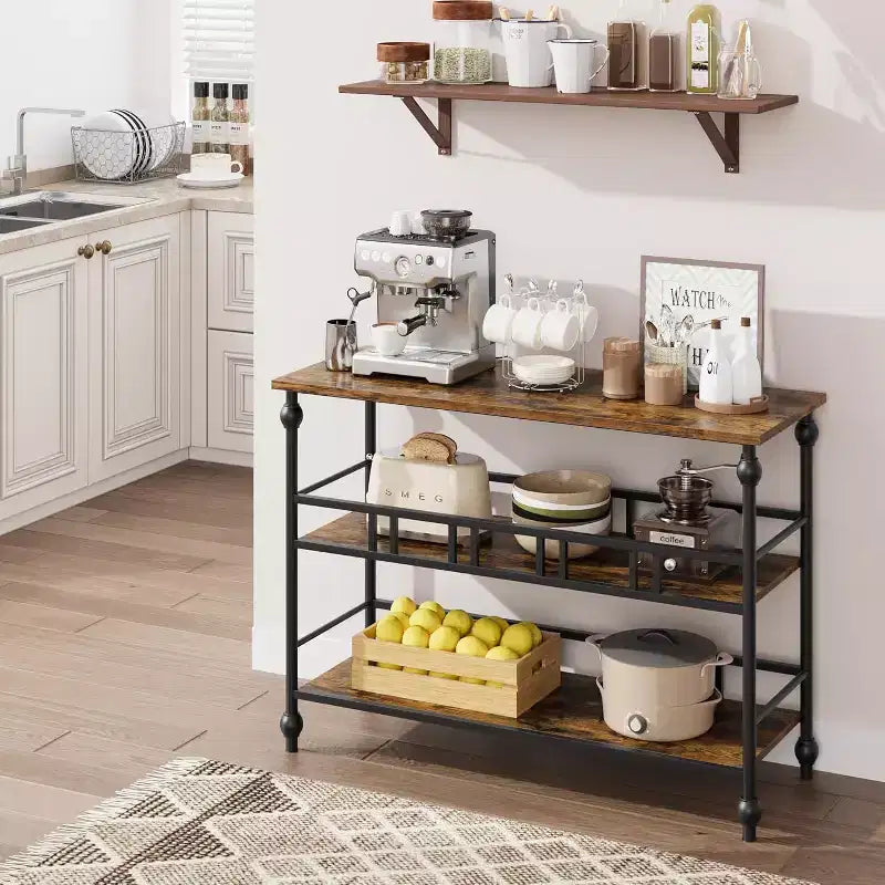 Console industrielle 43" à 3 niveaux, table d'entrée étroite et table de canapé avec étagères, design peu encombrant pour couloir, salon, petits espaces