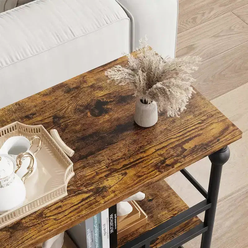 Console industrielle 43" à 3 niveaux, table d'entrée étroite et table de canapé avec étagères, design peu encombrant pour couloir, salon, petits espaces