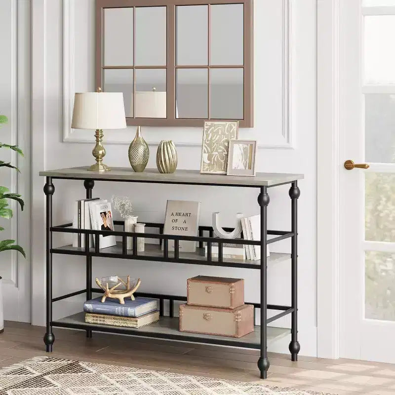 Console industrielle 43" à 3 niveaux, table d'entrée étroite et table de canapé avec étagères, design peu encombrant pour couloir, salon, petits espaces