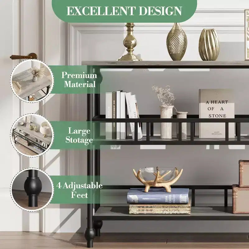 Console industrielle 43" à 3 niveaux, table d'entrée étroite et table de canapé avec étagères, design peu encombrant pour couloir, salon, petits espaces