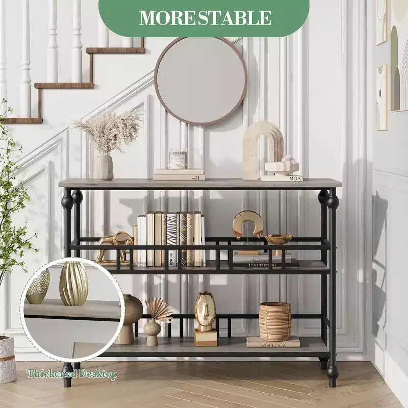 Console industrielle 43" à 3 niveaux, table d'entrée étroite et table de canapé avec étagères, design peu encombrant pour couloir, salon, petits espaces