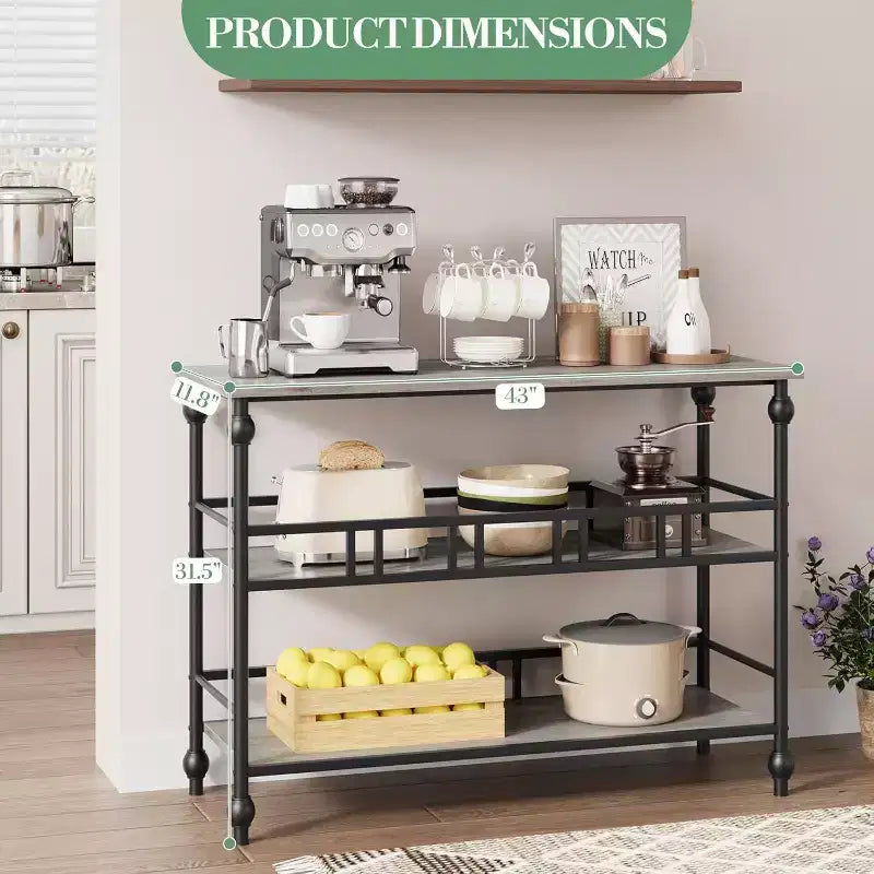 Console industrielle 43" à 3 niveaux, table d'entrée étroite et table de canapé avec étagères, design peu encombrant pour couloir, salon, petits espaces