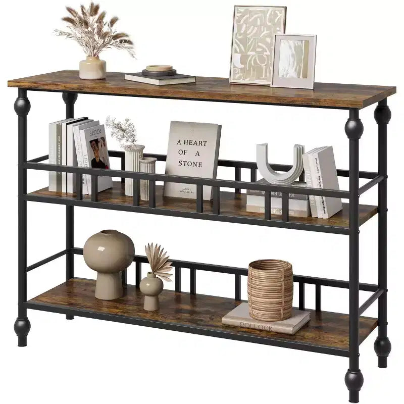 Console industrielle 43" à 3 niveaux, table d'entrée étroite et table de canapé avec étagères, design peu encombrant pour couloir, salon, petits espaces