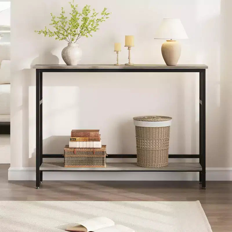 Table console Slim 5.9, table console étroite à 2 niveaux avec étagère réglable, design peu encombrant pour le salon, l'entrée, le couloir et le foyer