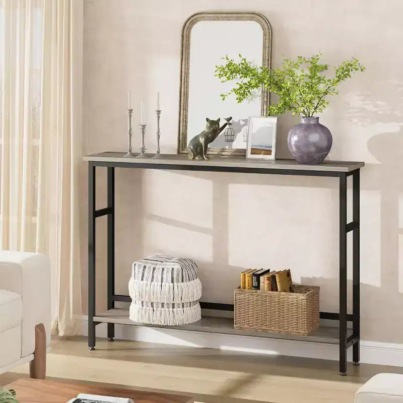 Table console Slim 5.9, table console étroite à 2 niveaux avec étagère réglable, design peu encombrant pour le salon, l'entrée, le couloir et le foyer