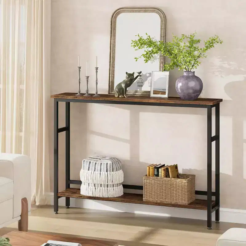 Table console Slim 5.9, table console étroite à 2 niveaux avec étagère réglable, design peu encombrant pour le salon, l'entrée, le couloir et le foyer