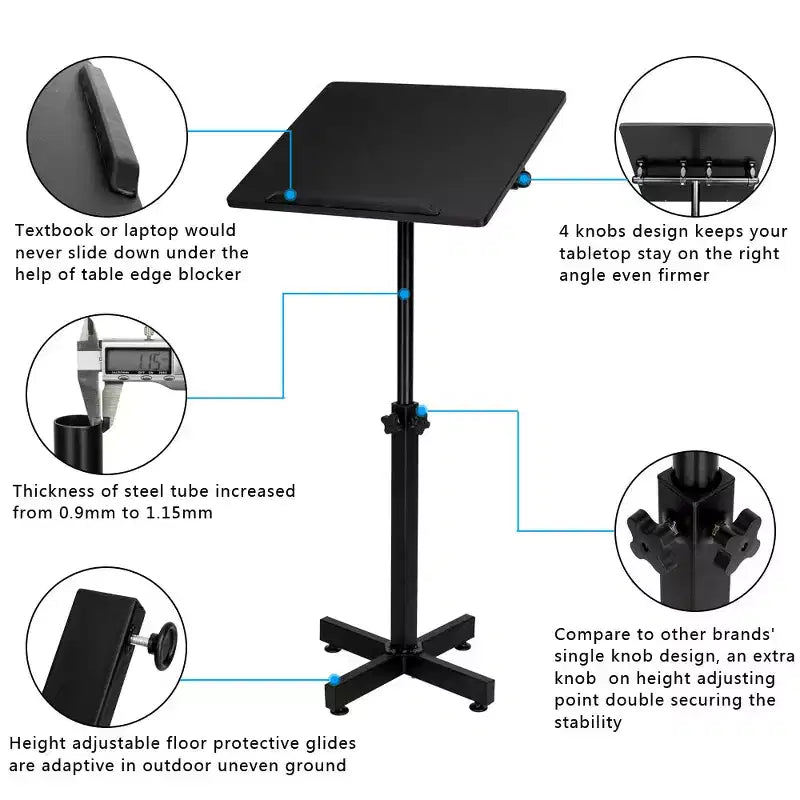 VINGLI Pupitre classique, support de podium, podium mobile réglable en hauteur, plateau de table polyvalent pour discours, conférences, bureau pour ordinateur portable avec butée de bord, noir