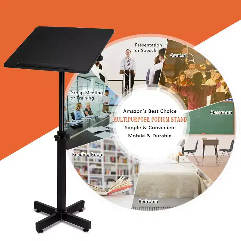 VINGLI Pupitre classique, support de podium, podium mobile réglable en hauteur, plateau de table polyvalent pour discours, conférences, bureau pour ordinateur portable avec butée de bord, noir