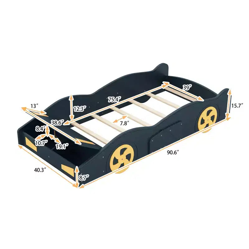 Lit plateforme en bois Bellemave en forme de voiture de course, taille double, avec roues et rangement, pour filles, garçons, adolescents, bleu foncé
