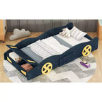 Lit plateforme en bois Bellemave en forme de voiture de course, taille double, avec roues et rangement, pour filles, garçons, adolescents, bleu foncé