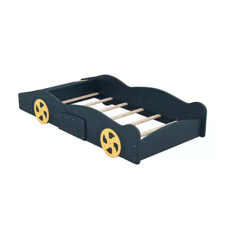 Lit plateforme en bois Bellemave en forme de voiture de course, taille double, avec roues et rangement, pour filles, garçons, adolescents, bleu foncé