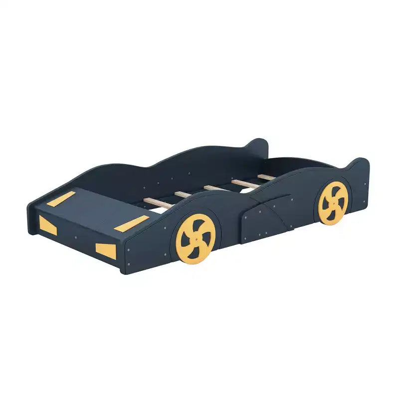 Lit plateforme en bois Bellemave en forme de voiture de course, taille double, avec roues et rangement, pour filles, garçons, adolescents, bleu foncé