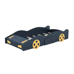 Lit plateforme en bois Bellemave en forme de voiture de course, taille double, avec roues et rangement, pour filles, garçons, adolescents, bleu foncé
